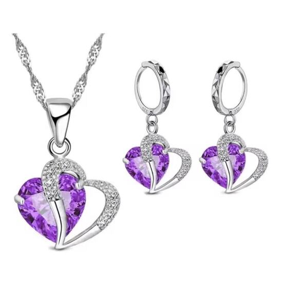 Purple heart earrings - silver - CZs - Picture 2 of 2